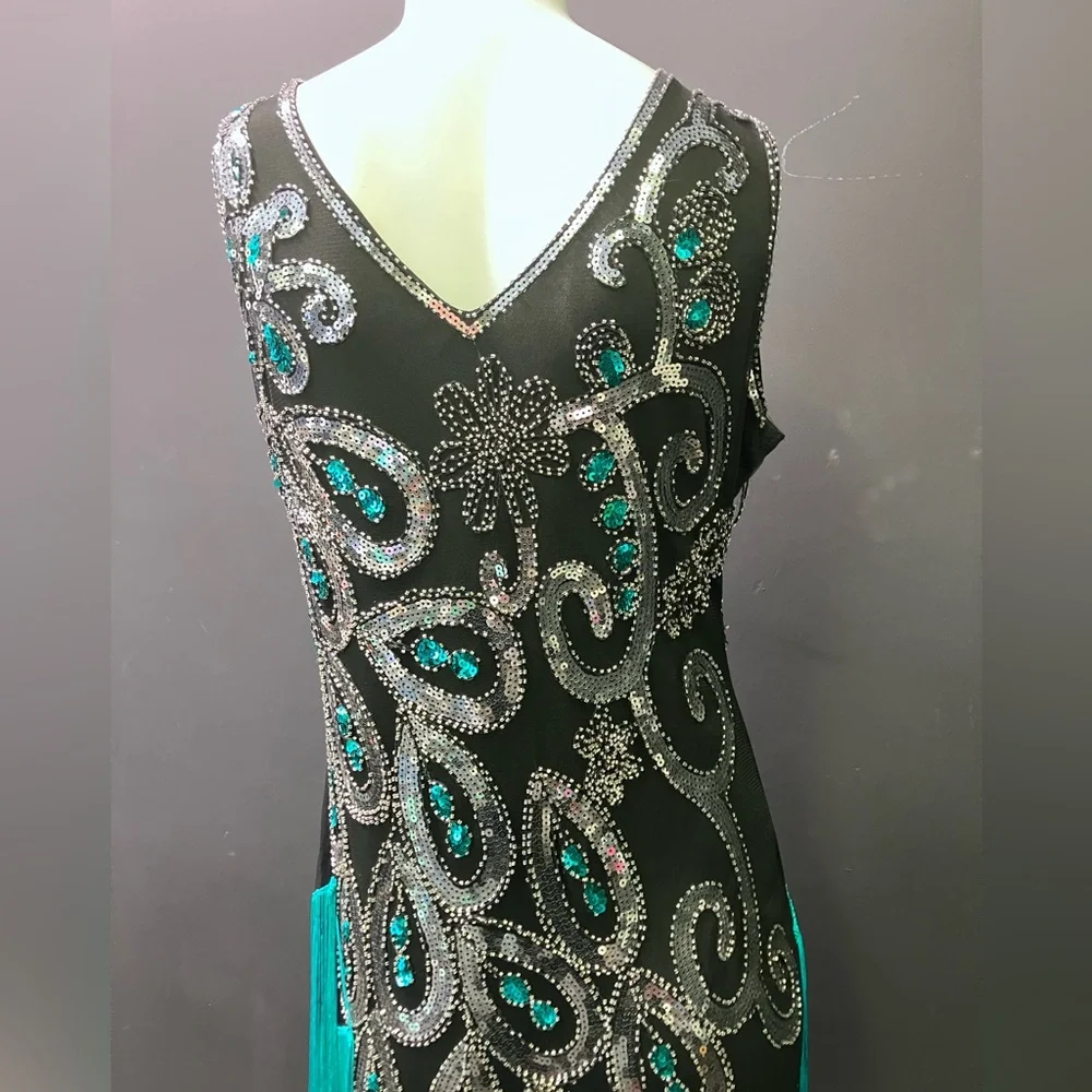 BabeYond black green and Silver peacock embroidered fringe flapper dress XL - Picture 8 of 15